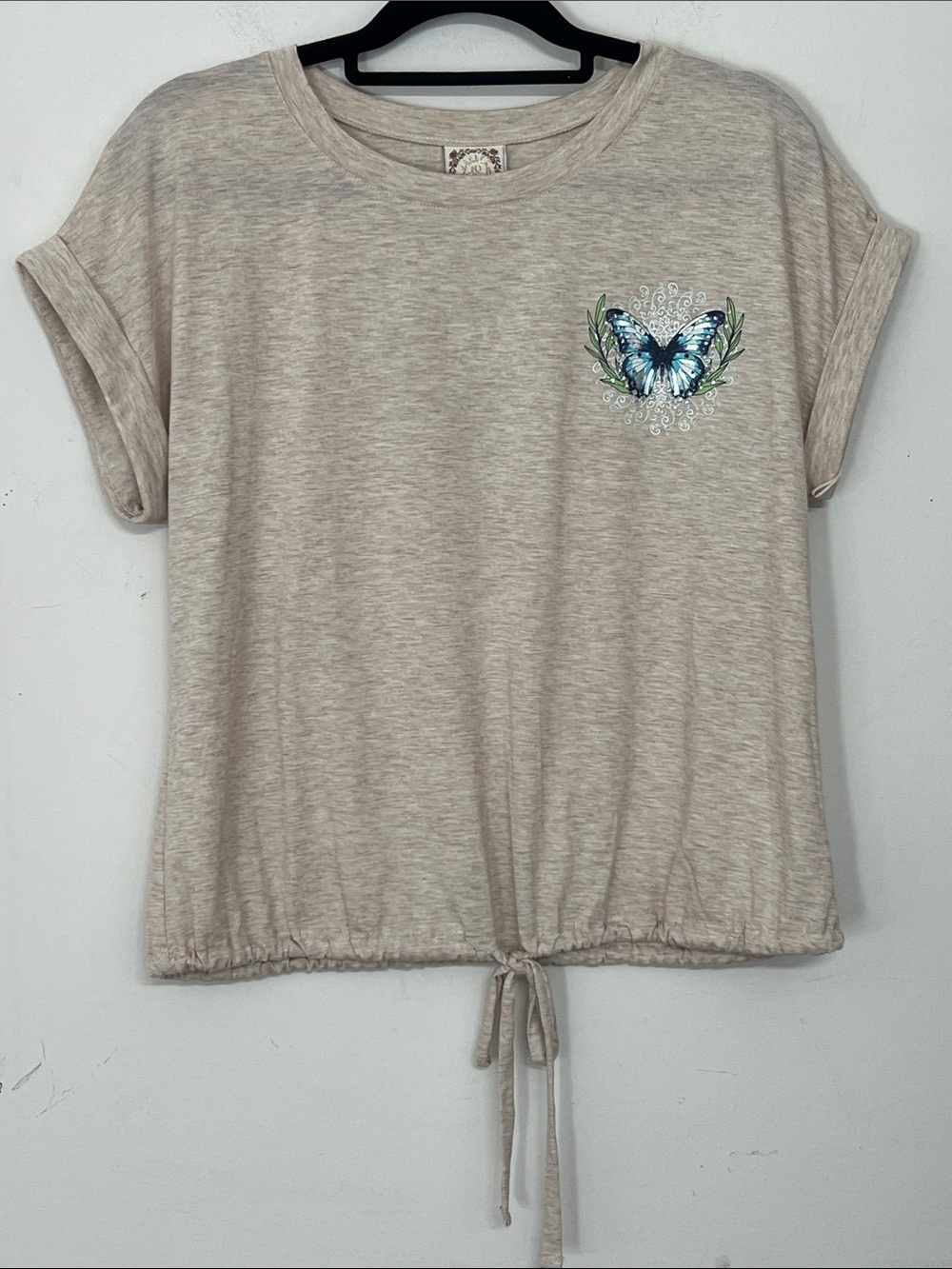 🌞 Truself Beige Butterfly Drawstring Hem Short Rolled Up Sleeve top women size M